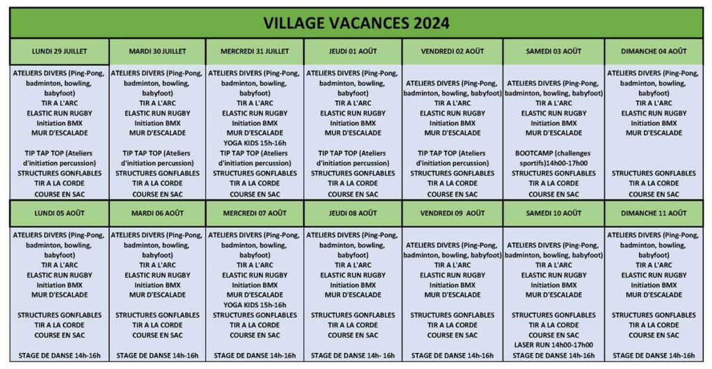 planning du Village Vacances